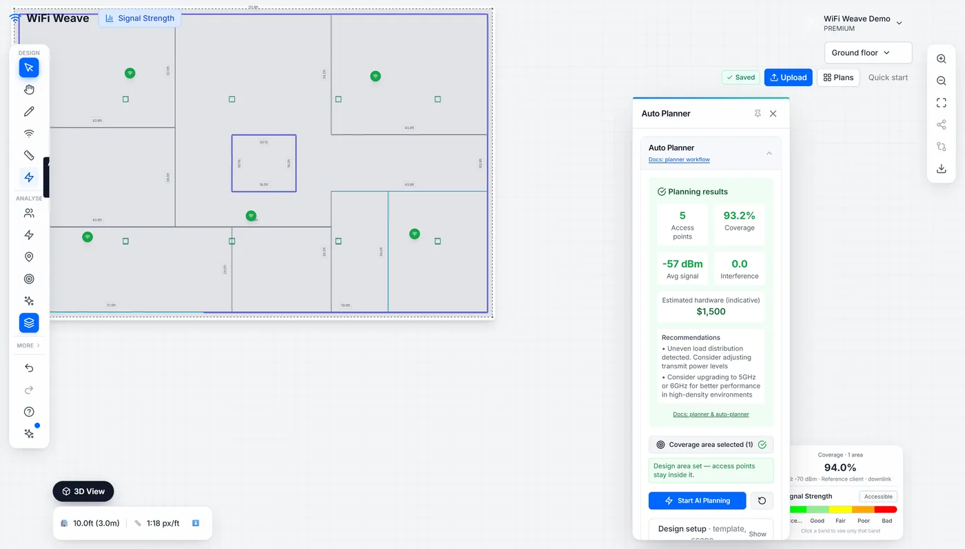 The auto planner panel with a coverage zone drawn on the plan
