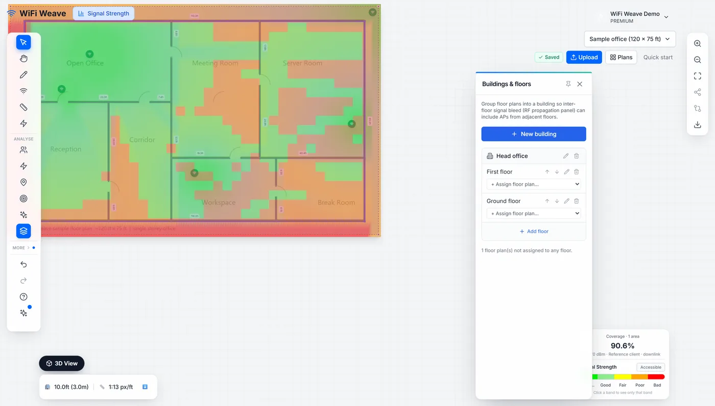 The Buildings & floors panel: create a building, stack and reorder floors, assign plans