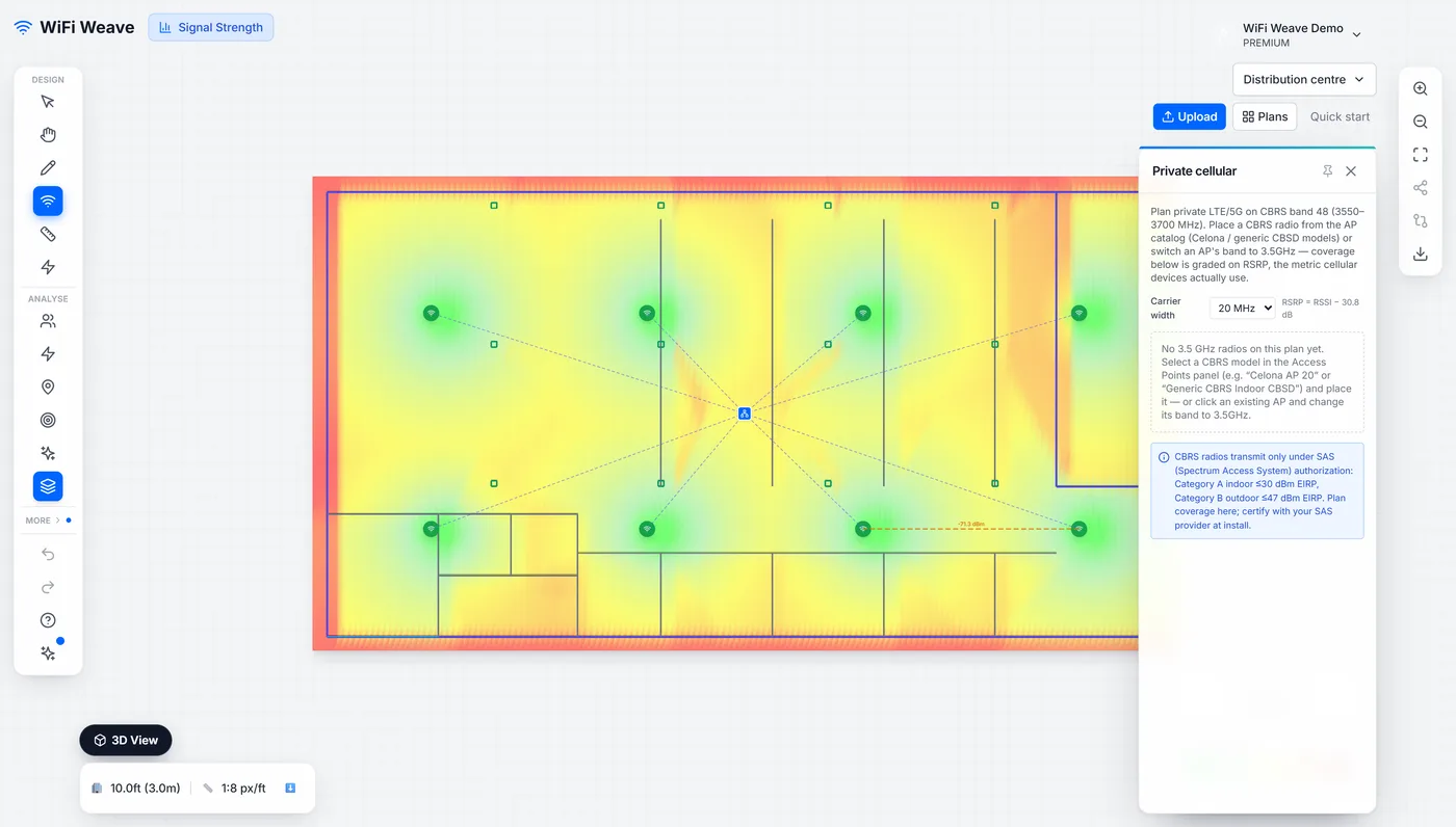 The private cellular panel with RSRP coverage radii