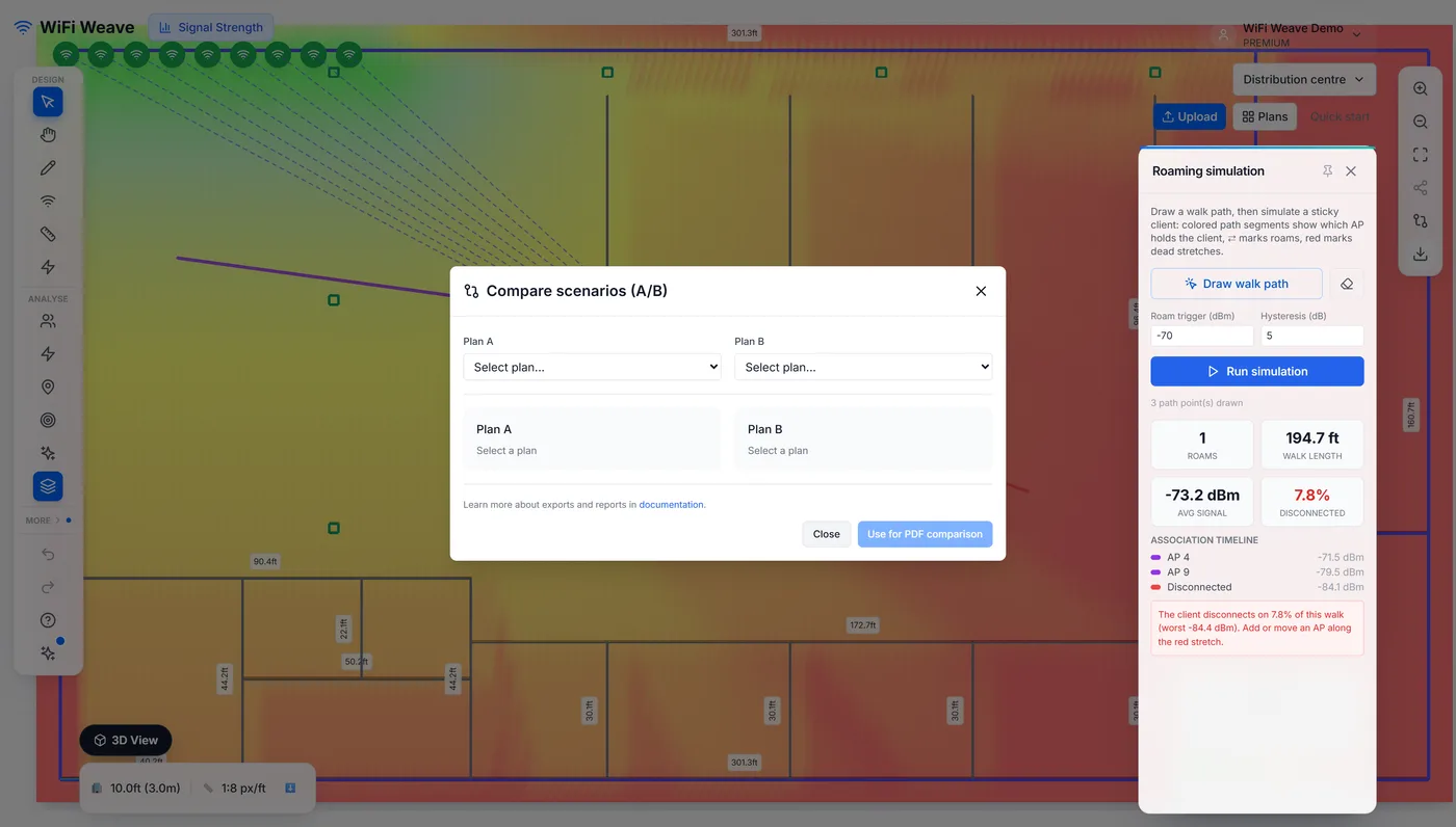The Compare scenarios dialog: coverage, access point count, estimated cost and the deltas between two designs