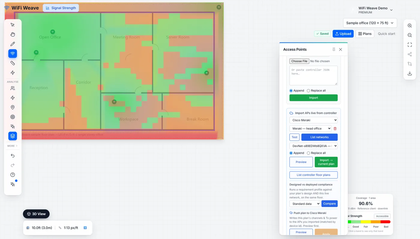The Import tab with the Meraki connector: API key tested, the organisation and network listed, and the key saved under a label