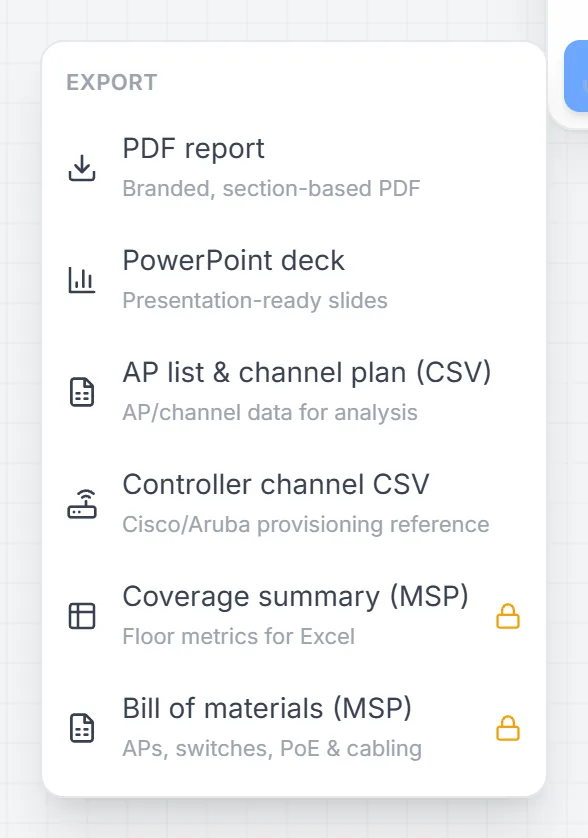 The export menu: PDF report, PowerPoint deck, CSV exports and the bill of materials