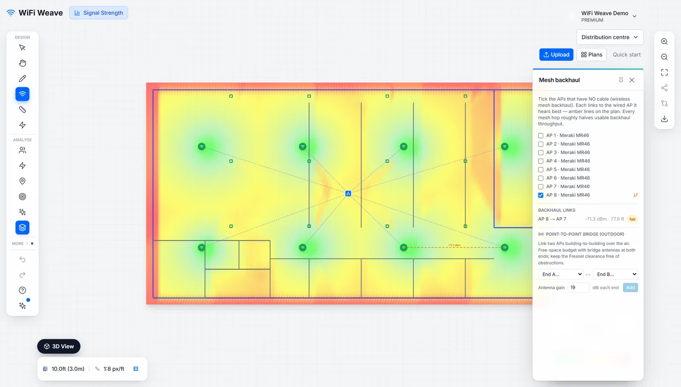 The mesh backhaul panel with links drawn between access points