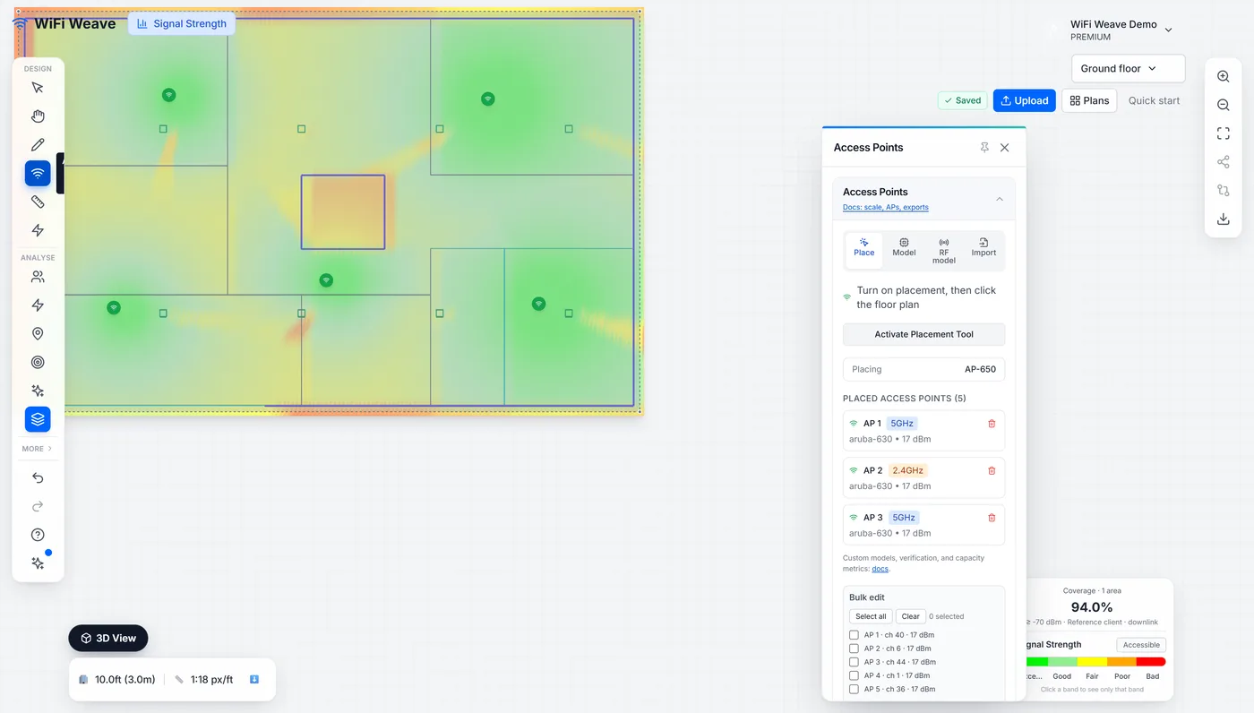 The RF propagation settings: client device, link direction, path-loss model and environment