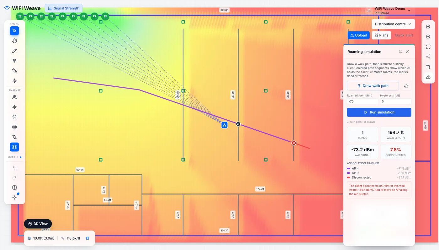 A walk path drawn across the floor plan for the roaming simulation