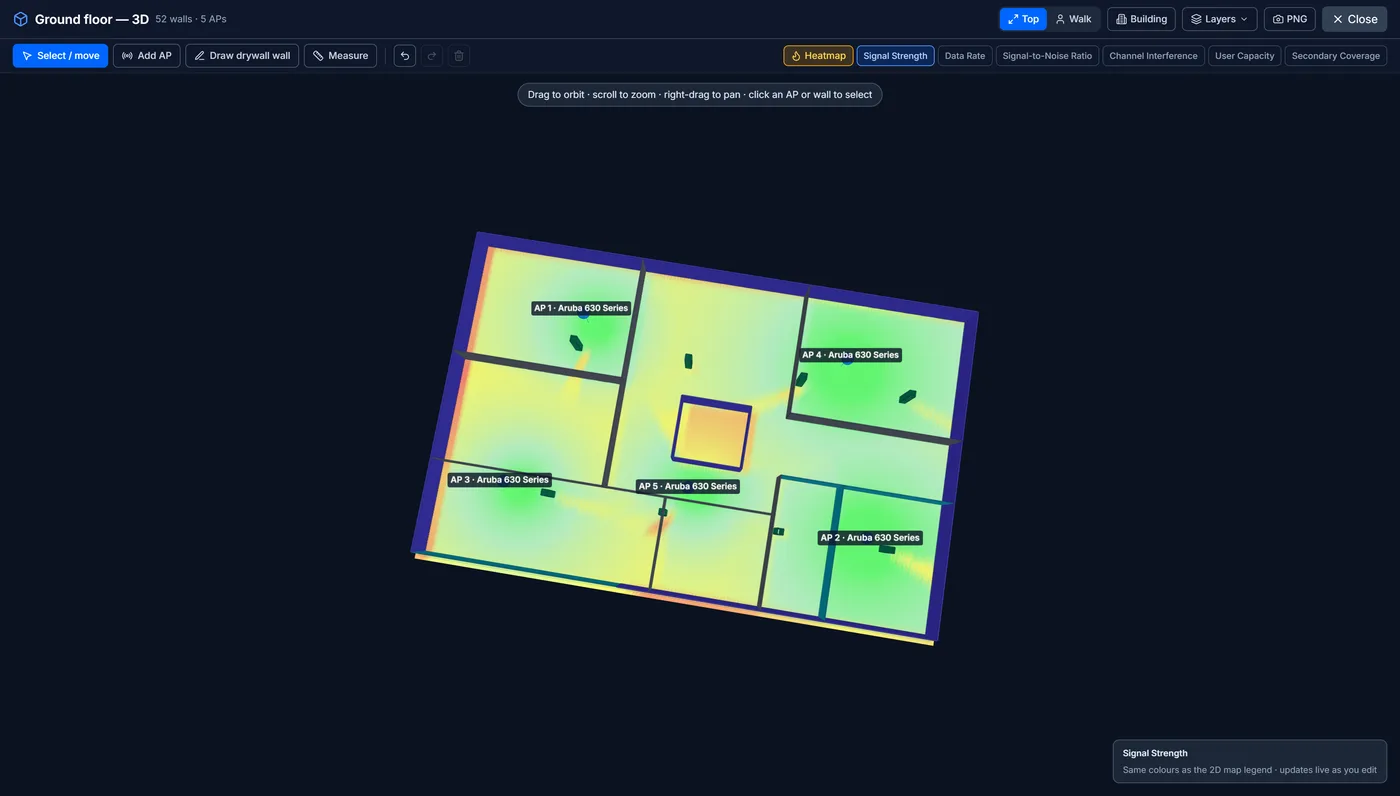 The 3D view showing predicted coverage as a surface over the building