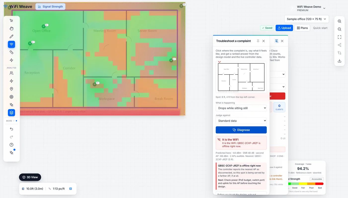 Troubleshoot with Live view pinned beside it: the verdict "It is the WiFi" because the nearest Meraki access point is offline, with the next step