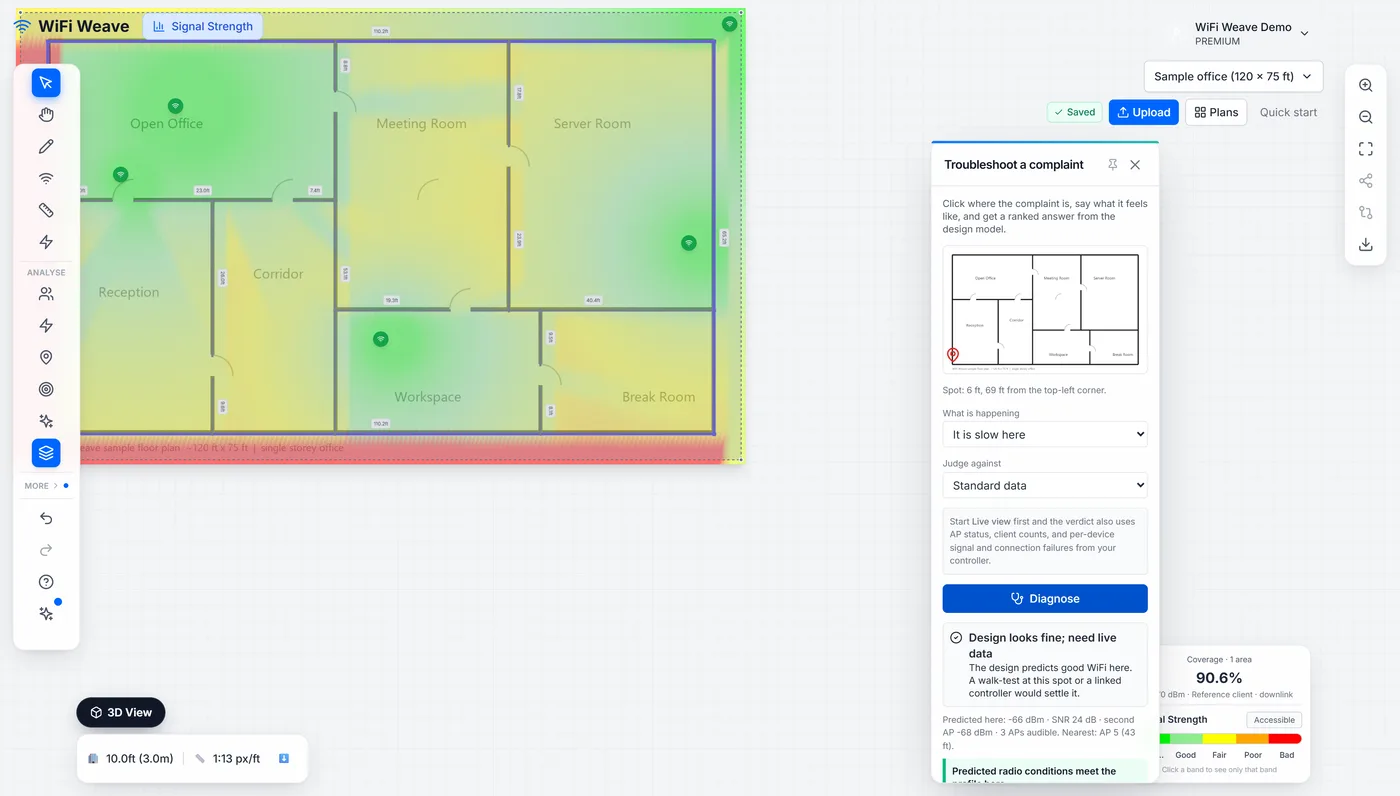 The Troubleshoot panel: a spot marked on the plan thumbnail, the complaint "It is slow here", and a verdict with evidence from the design model